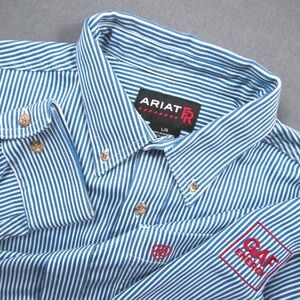 Ariat FR CAT 2 Flame Resistant Work Shirt Blue White Stripe Collared Long Sleeve